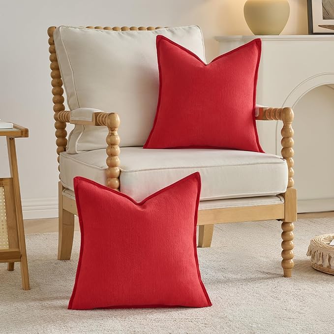 FUTEI Christmas Red Chenille Throw Pillow Covers 24x24 Inch Set of 2,Edges Double-Stitched European Cushion Cases,Modern Home Decor for Couch Living Room