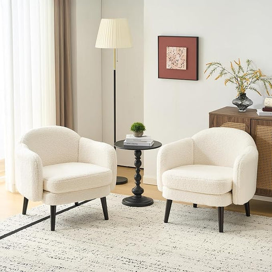 VINGLI 30.3" Wide Modern Barrel Accent Armchairs Set of 2 with Track Armrest, Solid Wooden Legs, Comfy Upholstered Club Chairs, Single Home Sofa for Living Room, Bedroom, Reading,Teddy Fleece White