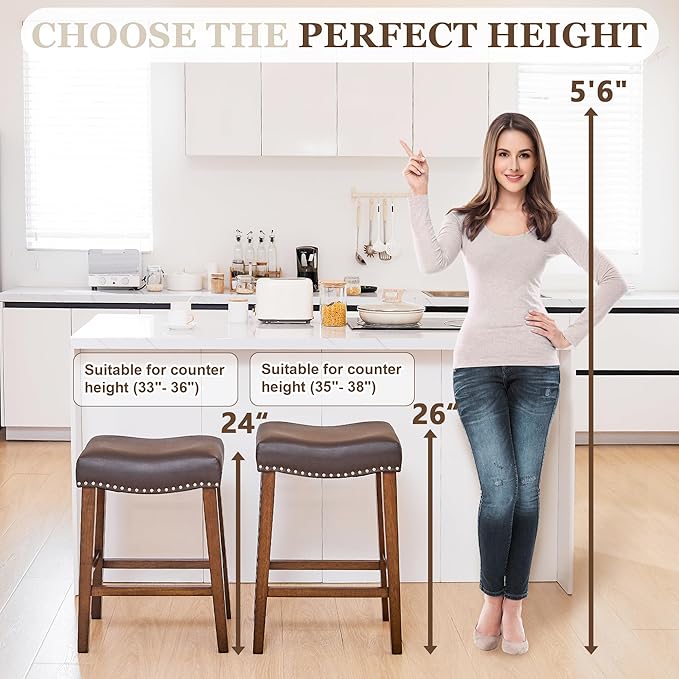 PrimeZone Counter Height Bar Stools Set of 2 - Backless Saddle Barstools with 4.3" Thick Upholstered, Nailhead Trim Faux Leather & Solid Wood Legs, 26 Inch Counter Stools for Kitchen Island, Brown