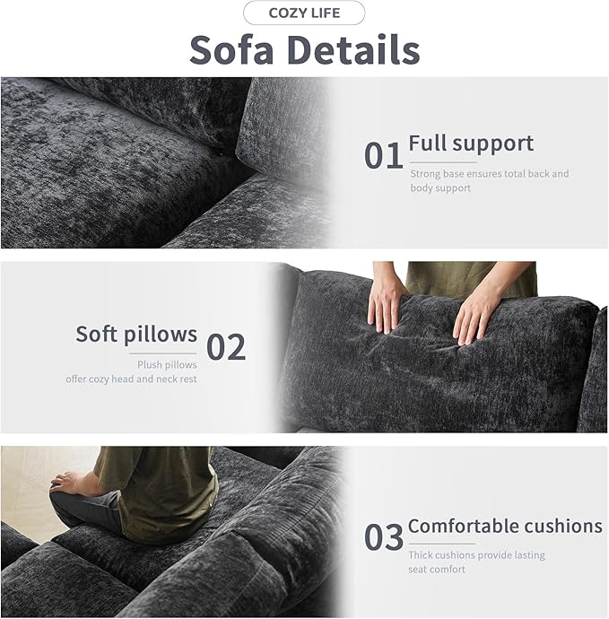 WJShome Cloud Couch Modular Sectional Sofa, 134" U Shaped Couch for Livingroom, Oversized Convertible Wide Seater with 2 Ottomans Living Room Set, Covers Washable&Replaceable,Black