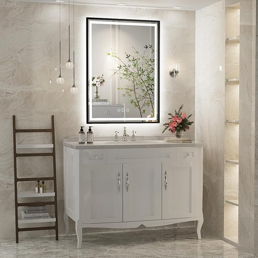 24x32 Inch LED Bathroom Mirror with Lights, Frontlit & Backlit Black Metal Frame Mirror, Wall Mounted Lighted Vanity Mirrors, Double Lights Strips,Anti Fog Dimmable & 3 Colors Temperature