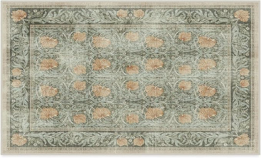 RUGGABLE x Morris & Co Washable Area Rug – Pimpernel Vintage Green 3x5, Stain-Resistant, Non-Slip – Small Machine Washable Rugs for Living Room, Bedroom, Hallway, Entryway & Office–with Cushioned Pad