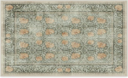 RUGGABLE x Morris & Co Washable Area Rug – Pimpernel Vintage Green 3x5, Stain-Resistant, Non-Slip – Small Machine Washable Rugs for Living Room, Bedroom, Hallway, Entryway & Office–with Standard Pad