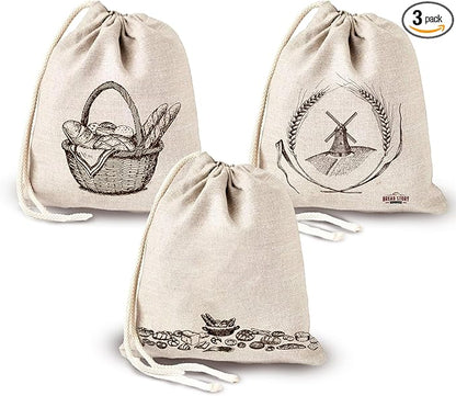 Linen Bread Bag – Reusable Linen Bags for Homemade Bread & Sourdough | Cloth Bags for Sourdough, Artisan Loaves, & Pastries | Unbleached Natural Fabric with Drawstring Closure, 3-Pack, 11 x 15"