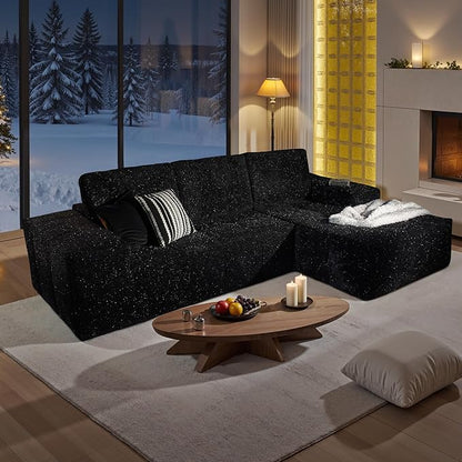 114" Glitter Cloud Sectional Couch with L-Shape Chaise, Modern Boneless Couches for Living Room, Fluffy Tufted Deep Seat Modular Sofa in a Box No Assembly