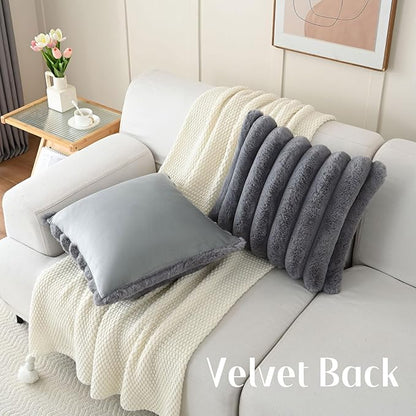 FUTEI Grey Decorative Throw Pillow Covers 20x20 Inch Set of 2, Square Soft Faux Rabbit Fur Thick Striped Cushion Cover,Winter Home Decor for Couch Bed Living Room