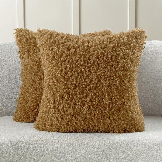 FUTEI Camel Decorative Throw Pillow Covers 24x24 Inch Set of 2,Soft Fluffy Faux Wool Fur Boucle Textured European Cushion Case,Modern Home Decor for Couch Bed Living Room Office
