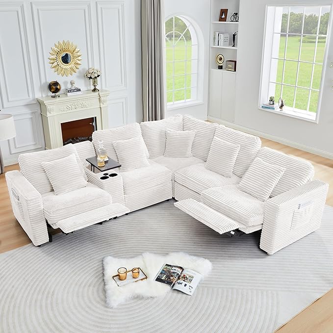 ORRD Oversized Modular Sectional Sofa with 2 Power Reclining, Electric Recliner Couch with Storage Console and Adjustable Headrest, Plush Corduroy Fluffy 5 Seat Corner Sofa for Living Room-White
