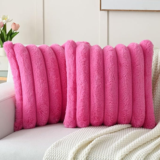 FUTEI Hot Pink Decorative Throw Pillow Covers 16x16 Inch Set of 2, Square Soft Faux Rabbit Fur Thick Striped Cushion Cover,Winter Home Decor for Couch Bed Living Room