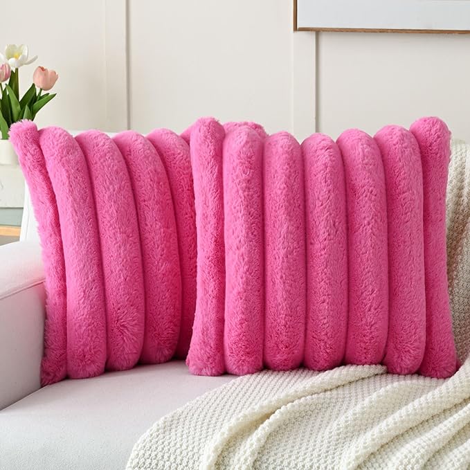 FUTEI Hot Pink Decorative Throw Pillow Covers 26x26 Inch Set of 2, Square Soft Faux Rabbit Fur Thick Striped Euro Pillow Shams,Winter Home Decor for Couch Bed Living Room