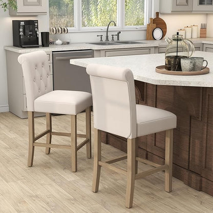 GOTMINSI 24" Bar Stools Set of 4 for Kitchen Island Upholstered Counter Height Bar Stools with Button Tufted Decoration Barstools Home Kitchen Island Wooden Bar Chairs Beige