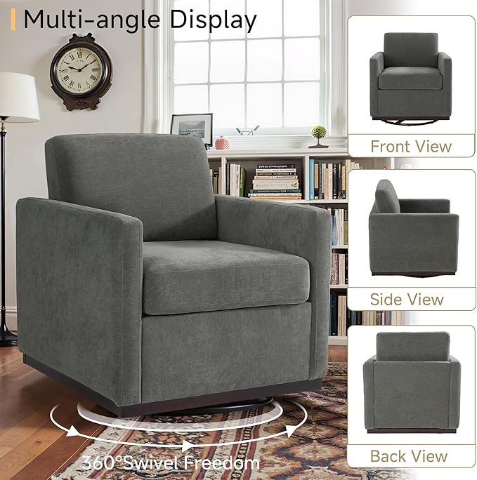 Pia Ricco Plush Swivel Barrel Chair Set of 2 - Mid-Century Modern Accent Armchairs in Soft Chenille for Living Room & Cozy Reading Nook, Dark Gray