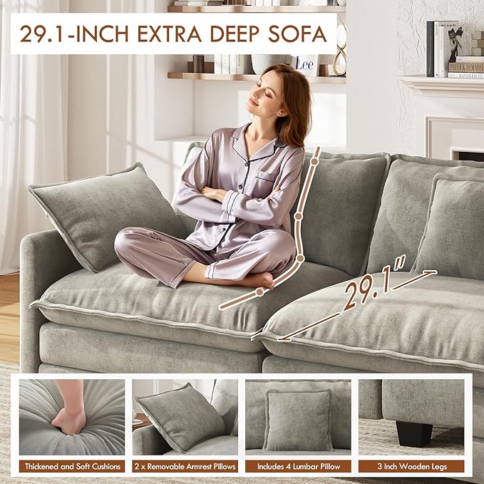 WorthFurni 146” Oversized Modular Sectional Sofa, U Shaped Cloud Couch Set for Living Room, 4-Seater Comfy Chenille Couches with 2 Movable Ottomans, DIY Combination （Grey）