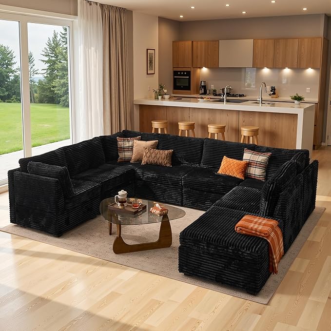 130'' Modern Modular Sectional Sofa with Ottoman, 8 Pieces U Shaped Cloud Couch for Living Room, Oversized Deep Seat Convertible Sofa Set, Plush Corduroy Black
