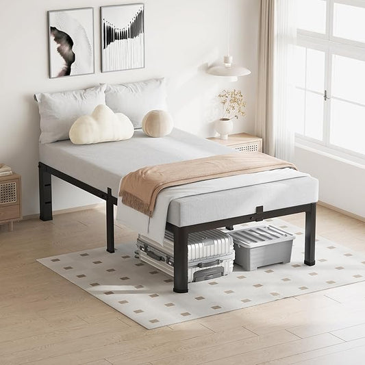 14 Inch Twin Size Bed Frame, 3500Lbs Heavy Duty Metal Platform with Round Corner Legs Mattress Slide Stopper, Steel Slat Support No Box Spring Needed, Noise Free, Non-Slip, Easy Assembly