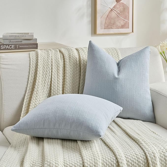 FUTEI Light Blue Decorative Throw Pillow Covers 20x20 Inch Set of 2,Soft Cozy Wheat Ear Striped Patterns Cushion Cases,Modern Home Decor for Couch Bed Living Room