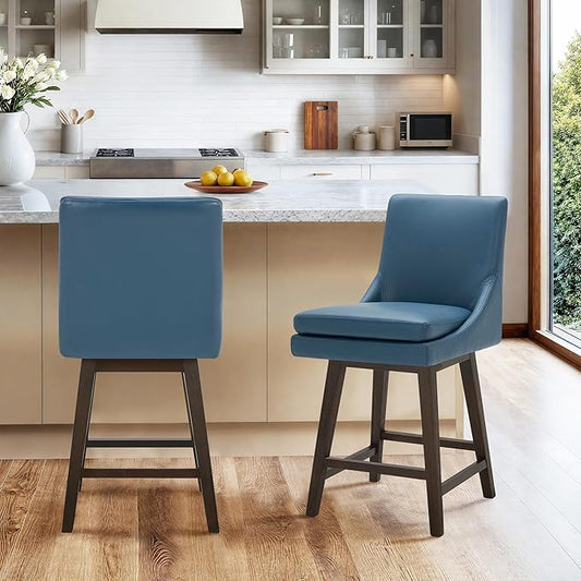 CHITA Counter Height Swivel Barstool with Back Set of 2, FSC Certified Upholstered Faux Leather Swivel Bar Stool, 26.8" H Seat Height, PU Leather in Dark Blue