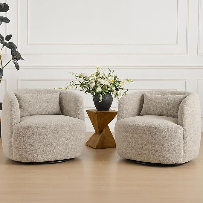 KINWELL 34" Wide Sherpa Swivel Barrel Chairs Set of 2, No Assembly Round Boucle Upholstered Accent Chairs Armchairs Single Sofa Chair with Toss Pillow for Living Room and Bedroom, Taupe