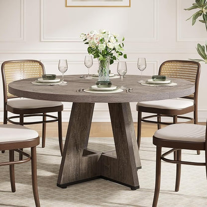 Tribesigns Round Dining Table for 4, 47 inch Farmhouse Circle Kitchen Table with Wooden Pedestal Base for Kitchen, Dining Room, Living Room (Grey)