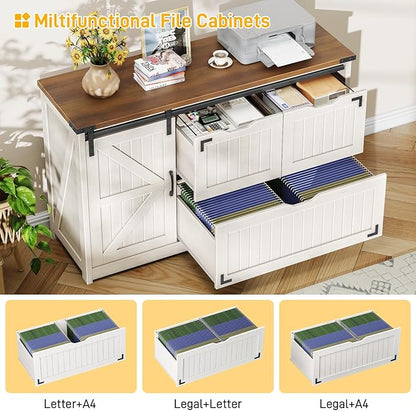 47.8” Farmhouse Lateral File Cabinet with Sliding Barn Door, 3 Drawers Filing Storage Cabinets with Adjustable Shelf, Office Printer Stand for Hanging Files Letter/Legal/F4/A4.