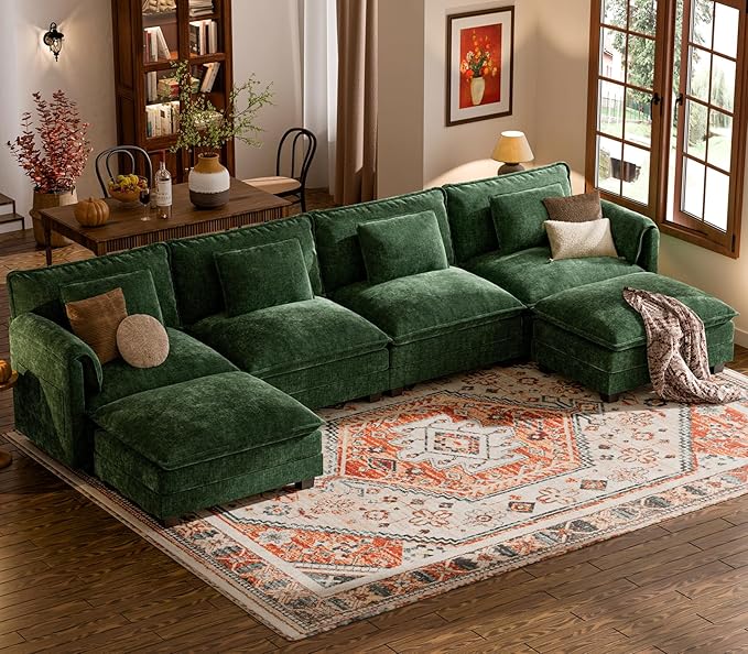 ELUCHANG 153" Oversized Modular Sectional Sofa, Comfy Deep Seat Cloud Couch, 6 Seater U Shaped Modern Sofa with Removable Cover for Living Room, Apartment, DIY Combination, Chenille Olive Green