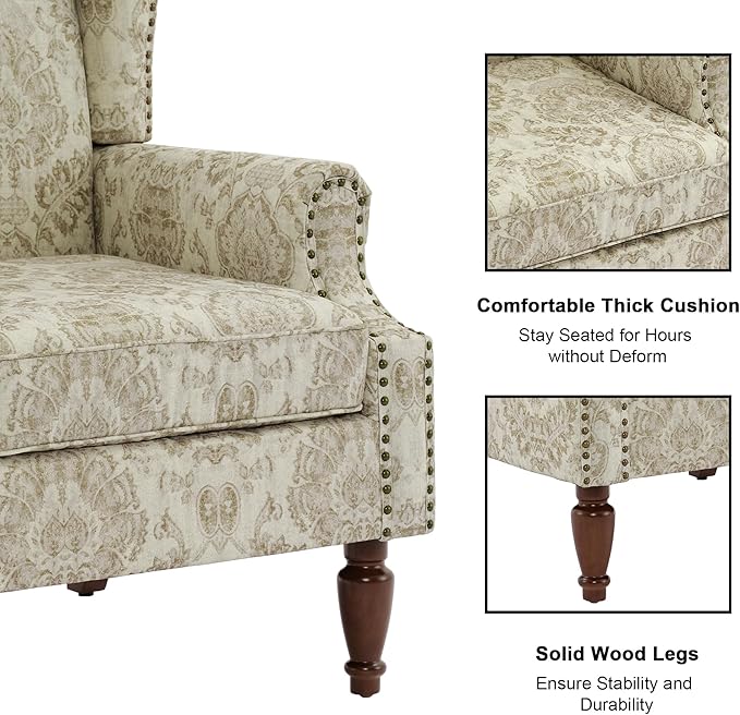 Accent Chair, Upholstered High Back Floral Armchair with Nailhead Trim & Wood Legs, Comfy Wingback Reading Single Sofa Chair for Small Spaces, Living Room, Bedroom ( Light Brown Floral, Set of 2)