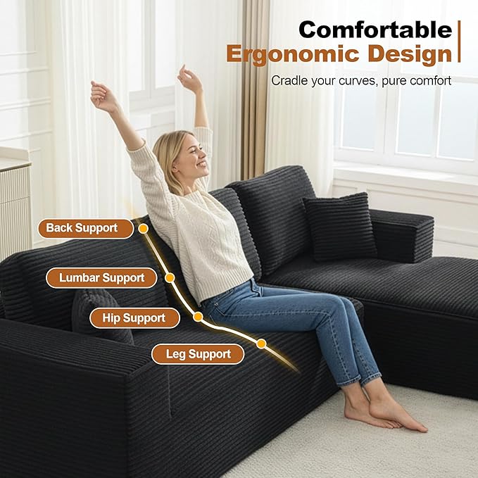 Modular Sectional Cloud Couch for Living Room,Modern Boneless Couche Set with Plush Corduroy,Comfy Floor Sofa with Memory Foam,Stupendous U Shaped Sofa,No Assembly Required,Black