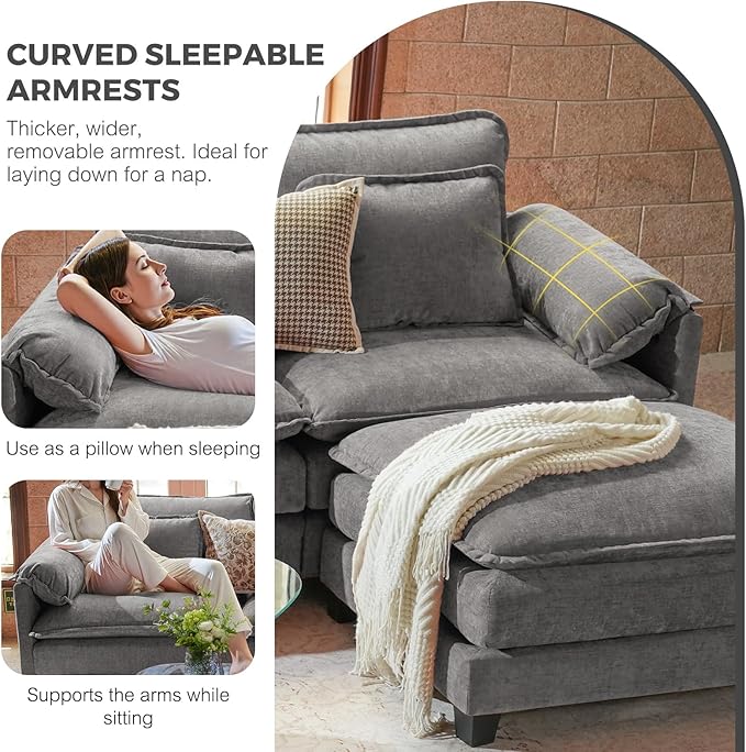 ELUCHANG Oversized 153" Modular Sectional Sofa, Comfy Deep Seat Cloud Couch, Sleeper Sofa Bed, 8 Seat Modern Couch with Removable Cover for Living Room, Apartment, DIY Combination, Chenille Light Grey