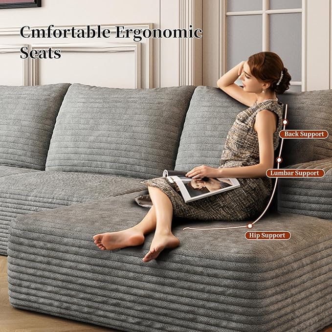 135.4" Large Cloud Modular Sectional Sofa with L-Shape Chaise, Deep Seat Upholstered Couches for Living Room, No Assembly Required, Corduroy Pet-Friendly Fabric (Grey, Right Facing Chaise)