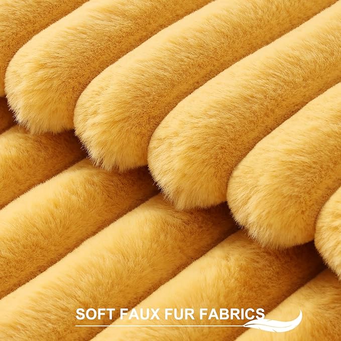 Pallene Faux Fur Plush Throw Pillow Covers 20x20 Set of 2, Luxury Soft Fluffy Striped Decorative Pillow Covers for Sofa, Couch, Living Room, Mustard Yellow