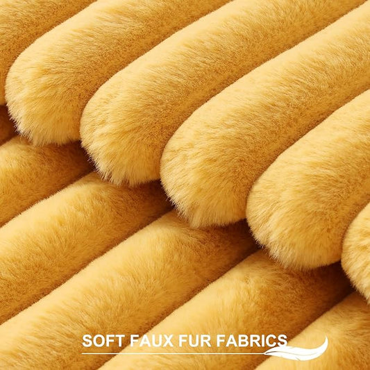 Pallene Faux Fur Plush Throw Pillow Covers 18x18 Set of 2, Luxury Soft Fluffy Striped Decorative Pillow Covers for Sofa, Couch, Living Room, Mustard Yellow