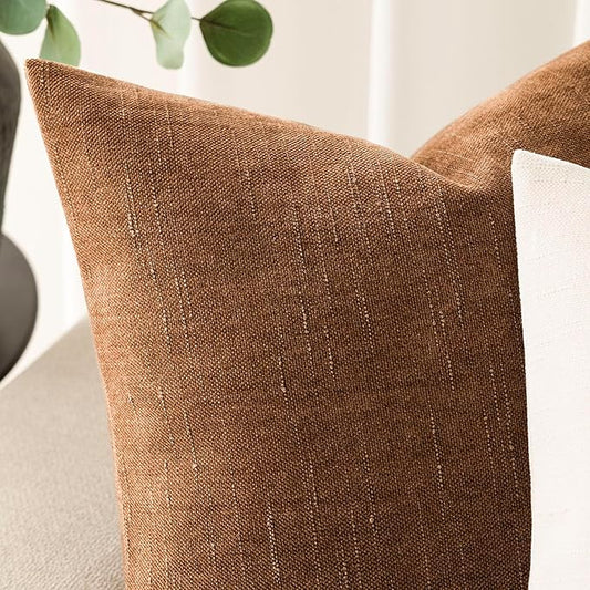 Foindtower Pack of 2 Soft Textured Chenille Throw Decorative Pillow Covers Square Accent Solid Cushion Cover Cozy Farmhouse Pillow Case with Zippe for Couch Sofa Bed Living Room 24x24 Inch, Bronze
