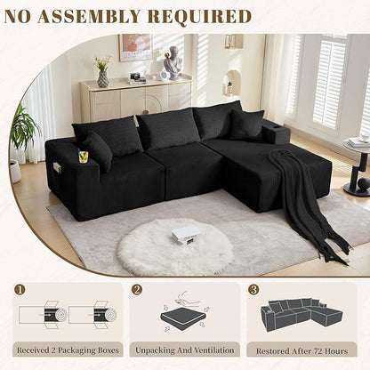 107" Cloud Sectional Couch, Modular Sectional Sofa with L-Shape Chaise, Corduroy Boneless Couch with Deep Seat, Upholstered Sofa for Living Room, No Assembly Required(Right-Facing Chaise, Black)