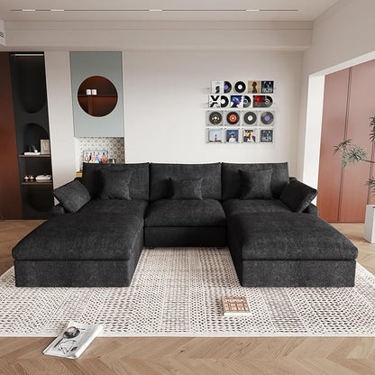 JACH U Shaped Sectional Couches, Cloud Sectional Couch with Deep Seat, 119" Down Filled Modular Sofa with Chaise, Covers Removeable & Washable, Sofas Furniture for Living Room, Black