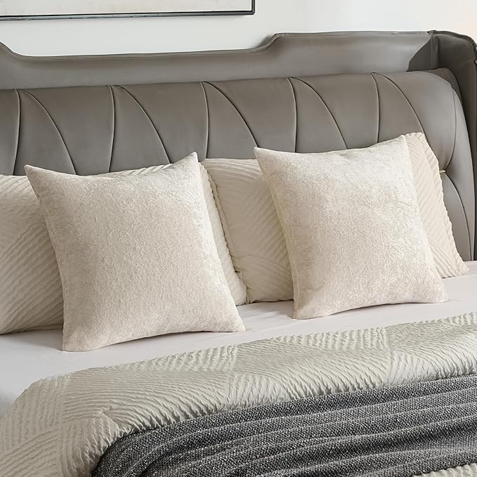 FUTEI Cream Flannel Throw Pillow Covers 18x18 Inch Set of 2,Soft Dimensional Textured Cushion Cases,Modern Home Decor for Couch Living Room