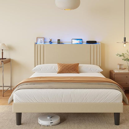 Gizoon Full Bed Frame with Charging Station and LED Lights,Upholstered Wingback Platform Bed with Wooden Slats,Noise-Free,No Box Spring Needed