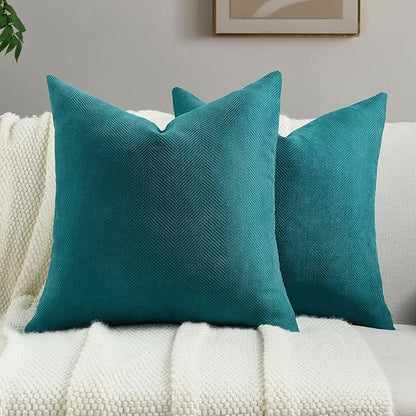 FUTEI Teal Chenille Throw Pillow Covers 16x16 Inch Set of 2,Soft Wide Chevron Textured Cushion Case,Farmhouse Home Decor for Couch Bed Living Room