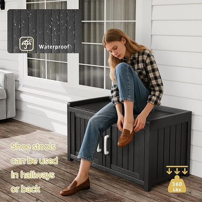 Storage Bench - 2 Doors Waterproof Resin Shoe Bench with Adjustable Shelves - Indoor & Outdoor Use, Entryway Bench with Seating for Bedroom, Living Room, Hallway - Black