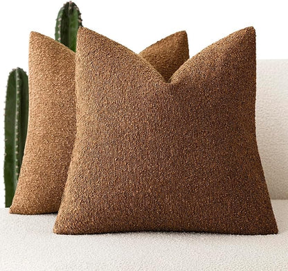 Foindtower Set of 2, Decorative Textured Boucle Throw Pillow Covers Accent Solid Pillow Cases Neutral Soft Cozy Couch Cushion Case for Chair Sofa Bedroom Living Room Home Decor 24x24 Inch Hazel Brown