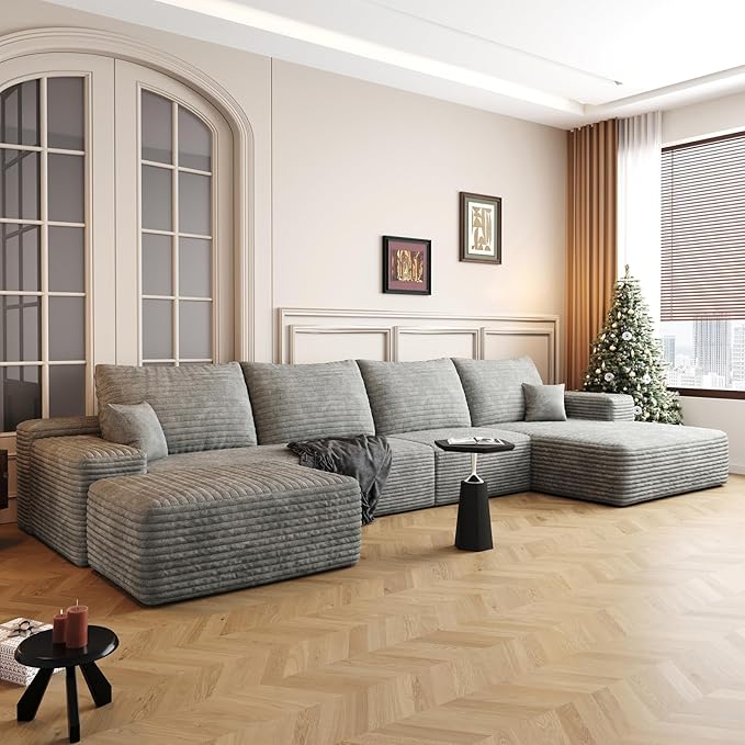 135.4'' Oversized Cloud Sofa Sectional Couch, Boneless Couch with L-Shape Chaise, Upholstered Compression Modular Sectional Sofa for Living Room, No Assembly Required (Grey, Left Facing Chaise)