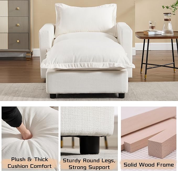 chairus 126" Modular Sectional Sofa with 2 Moveable Ottoman Upholstered Deep Seat Linen Couch Set with Soft Pillows U Shaped Sofa Couch for Living Room, Apartment, Reception Room, 4-Seater/White