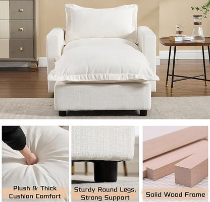 chairus 126" Modular Sectional Sofa with 2 Moveable Ottoman Upholstered Deep Seat Linen Couch Set with Soft Pillows U Shaped Sofa Couch for Living Room, Apartment, Reception Room, 4-Seater/White