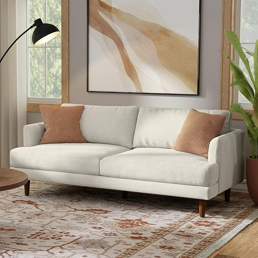 SIMPLIHOME Livingston 76-inch Wide Sofa in Cream White Woven-Blend Fabric, Handcrafted Loveseat Couch for Living Room or Family Room, Mid-Century Modern Style, Solid Wood Frame