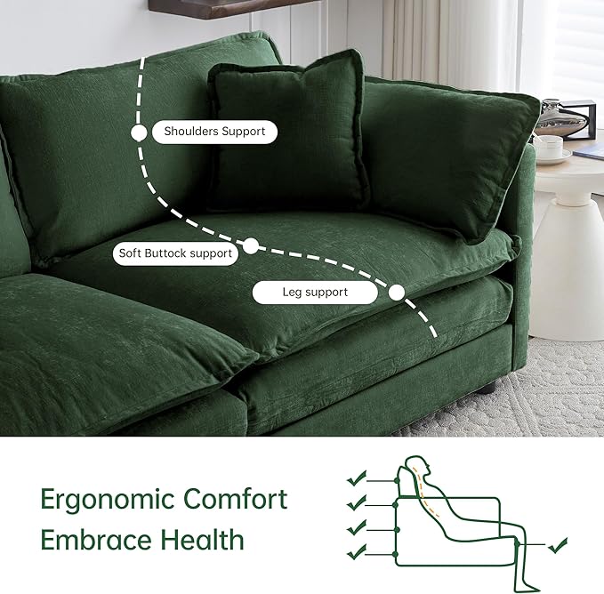 Modular Sectional Sofa, 146.5 Inch I-Shaped Cloud Sofa with Deep Seat Chenille Sofa with Cushions, Four Seater Sectional Sofa for Living Room Apartment,Evergreen