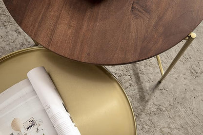 Kate and Laurel Ulani Modern Nesting Coffee Table; Set of 2; Walnut and Gold; 22.5 x 20.25; Decorative Sophisticated Mango Wood and Metal End Tables for Display and Storage