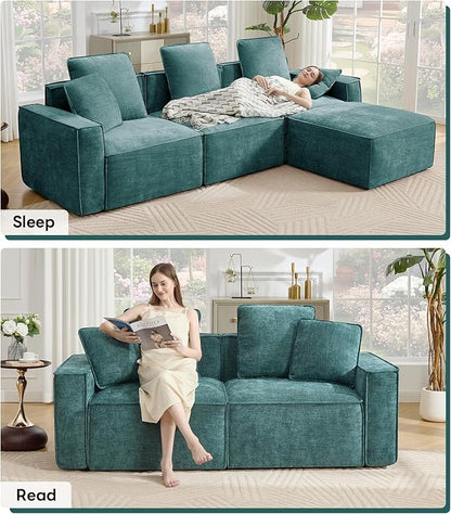 WILLOVE 109'' Modular Sectional Sofa, Chenille Cloud Couch with Wide Armrests & 5 Pillows, Deep Seat Couches for Living Room, Green