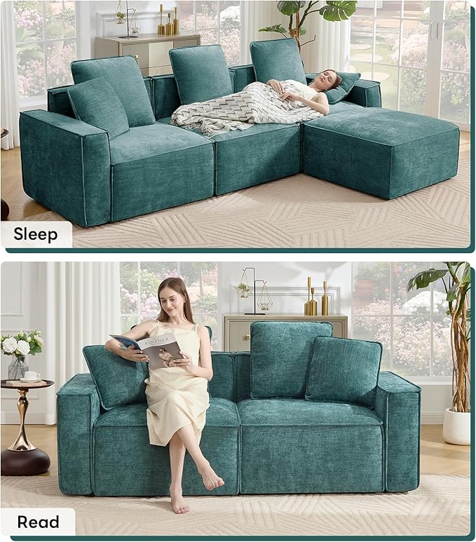 WILLOVE Modular Sectional Sofa Set, Chenille Cloud Couch with Wide Armrests & 8 Pillows, Deep Seat Couches for Living Room, 4-Seater Green