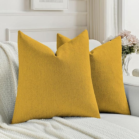 FUTEI Mustard Yellow Chenille Decorative Throw Pillow Covers 26x26 Inch Set of 2,Soft Cozy Faux Linen Textured Euro Pillow Shams,Farmhouse Home Decor for Couch Living Room