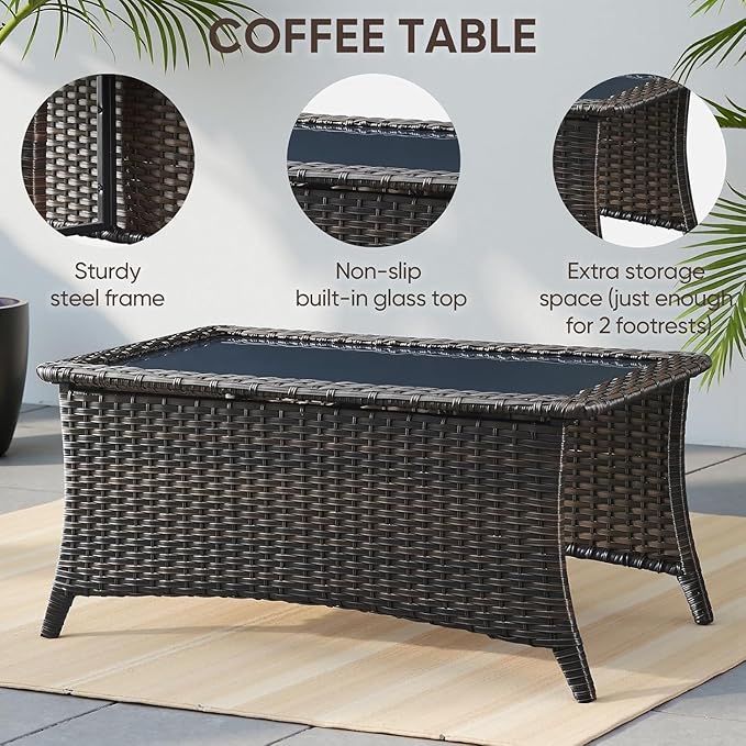 6-Piece Rotating Balcony Chair Set with 31-inch T-Shaped Wide backrest - Rattan Outdoor Rotating Balcony Chairs, Wide backrest Comfortable Outdoor Sliding Chair - Brown | Beige