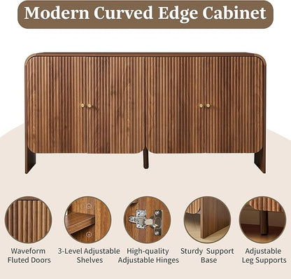Fluted Sideboard Buffet Cabinet with Storage, 59'' Curved Buffet Cabinet with 4 Doors & Shleves, Modern Credenza Wood Coffee Bar Table Console for Dining Room Kitchen Living Room Entryway, Walnut